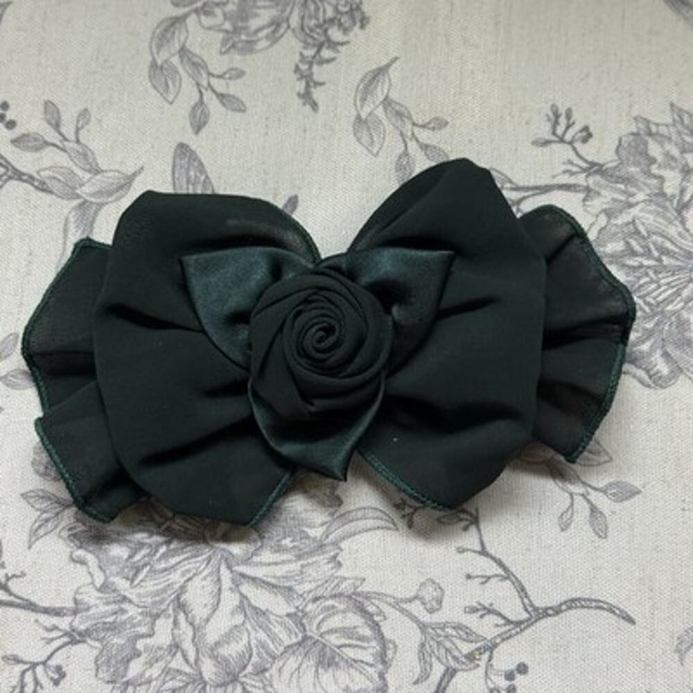 Vtg 80s 90s Large Hair Bow Clip Ribbon Green Rose Cottagecore Romantic Coquette